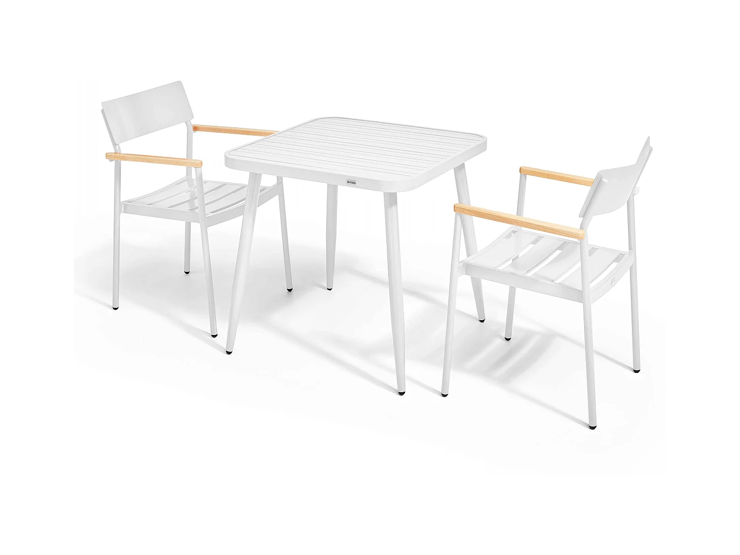 Ensemble table de jardin et 2 fauteuils en aluminium/bois blanc