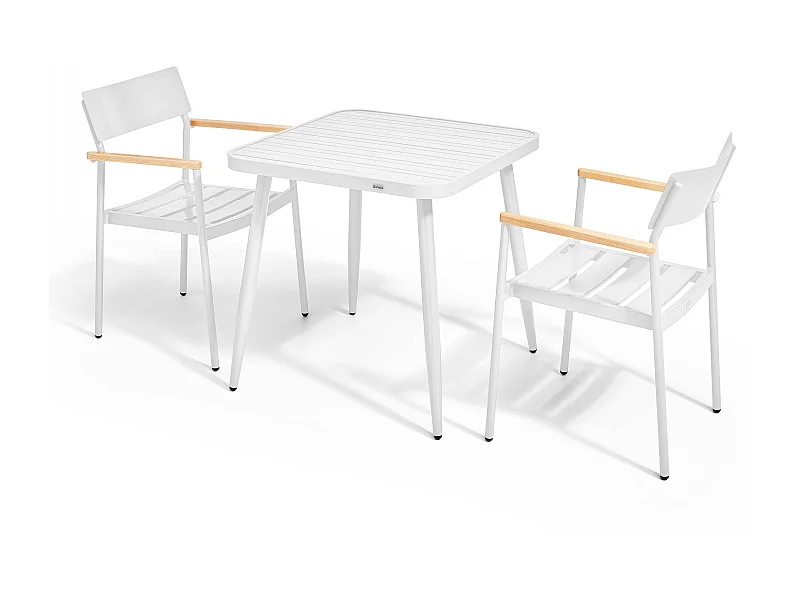 Tuinset met tafel en 2 fauteuils van aluminium/wit hout