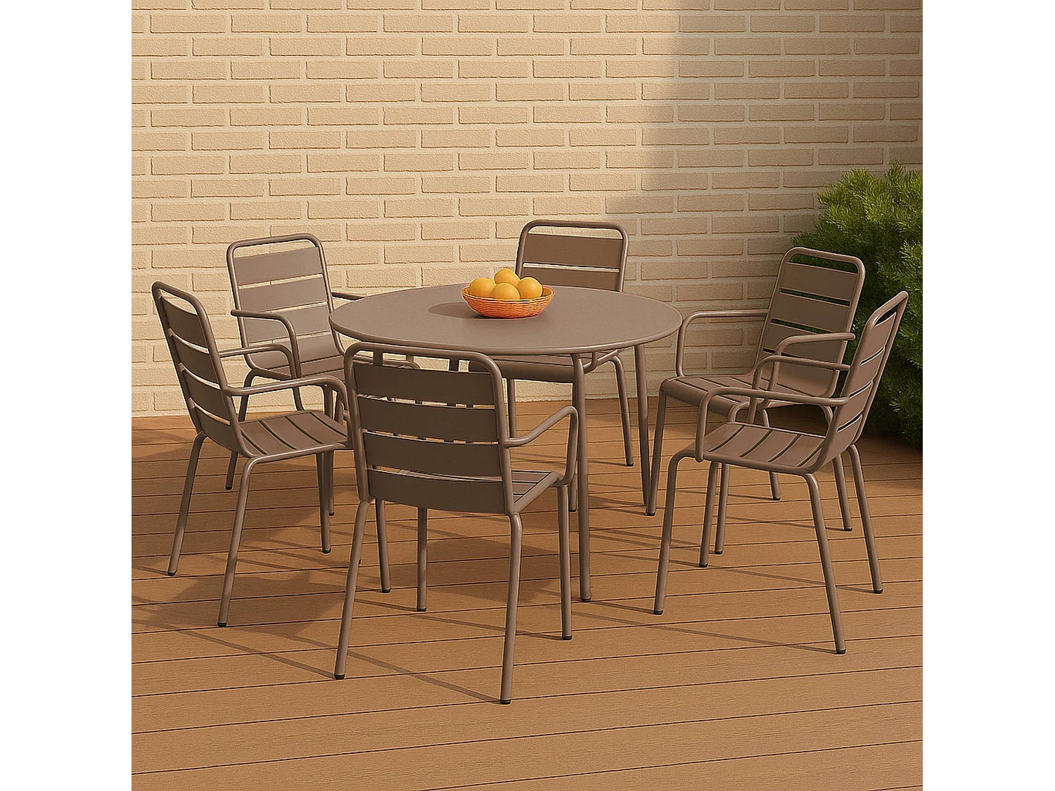 Set van een ronde tuin tafel en 6 taupe stalen fauteuils