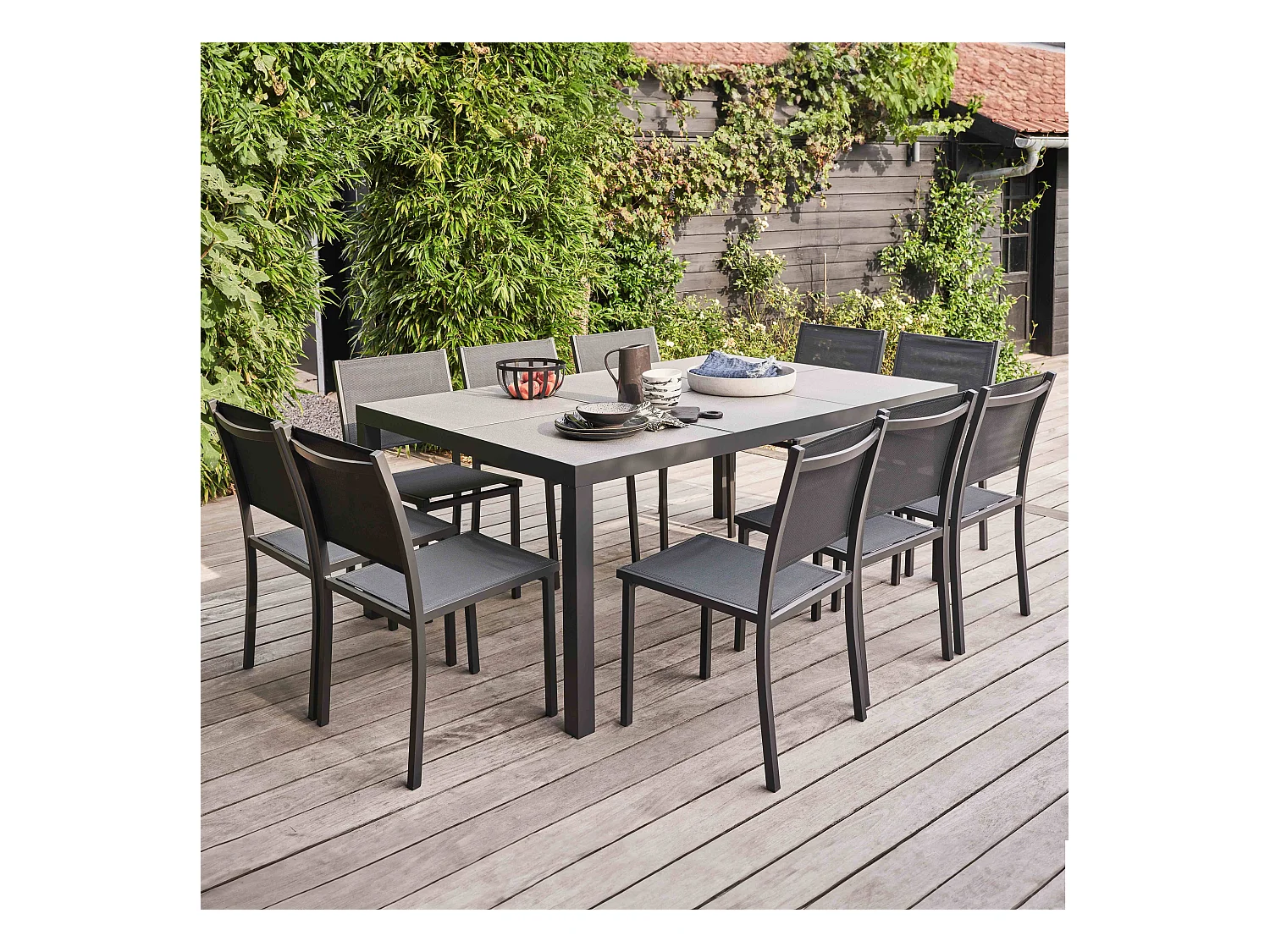 Table et 10 chaises de jardin aluminium céramique gris  - Tivoli