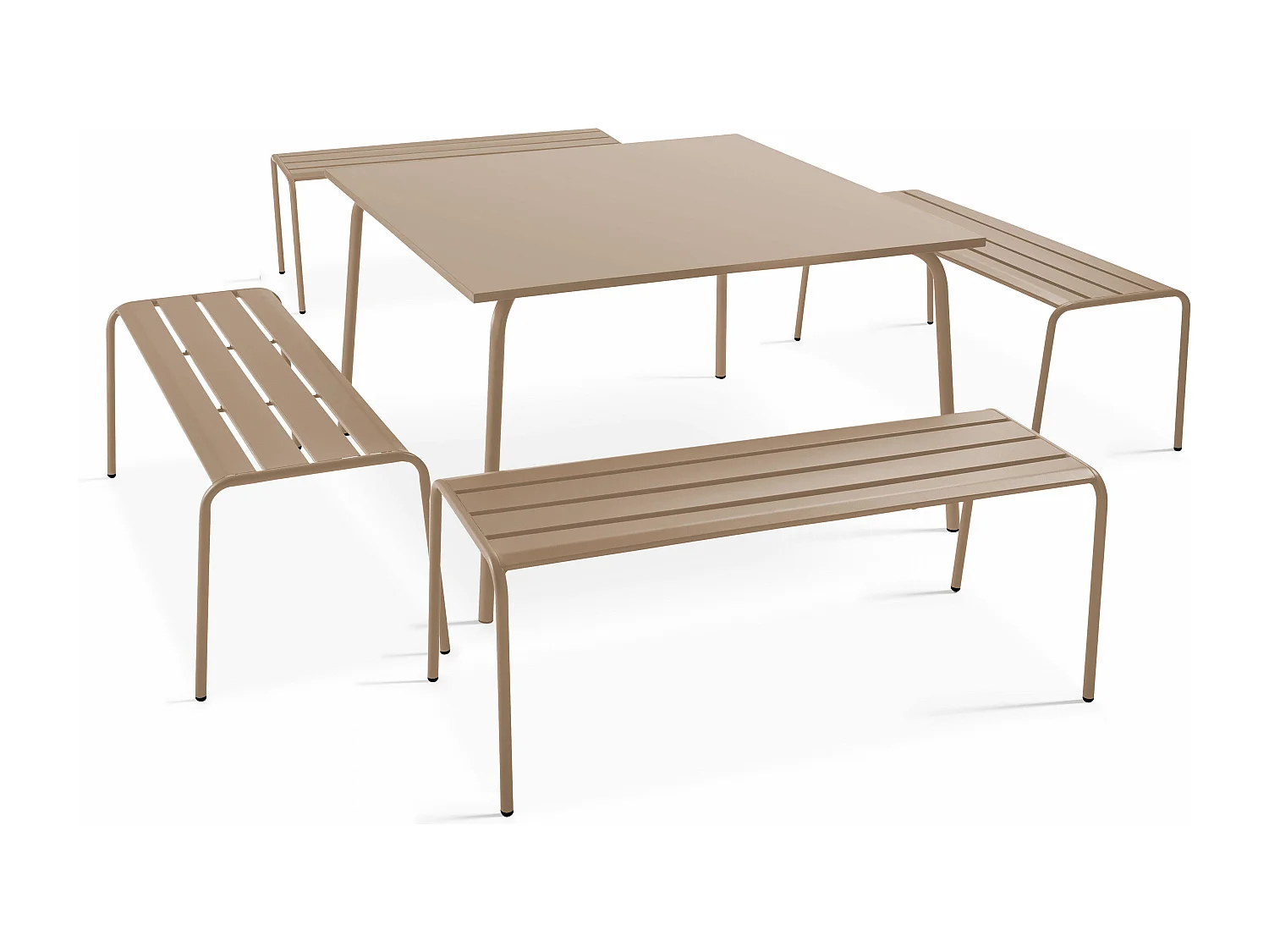 Ensemble table de jardin carrée et 4 bancs en métal taupe  - Palavas