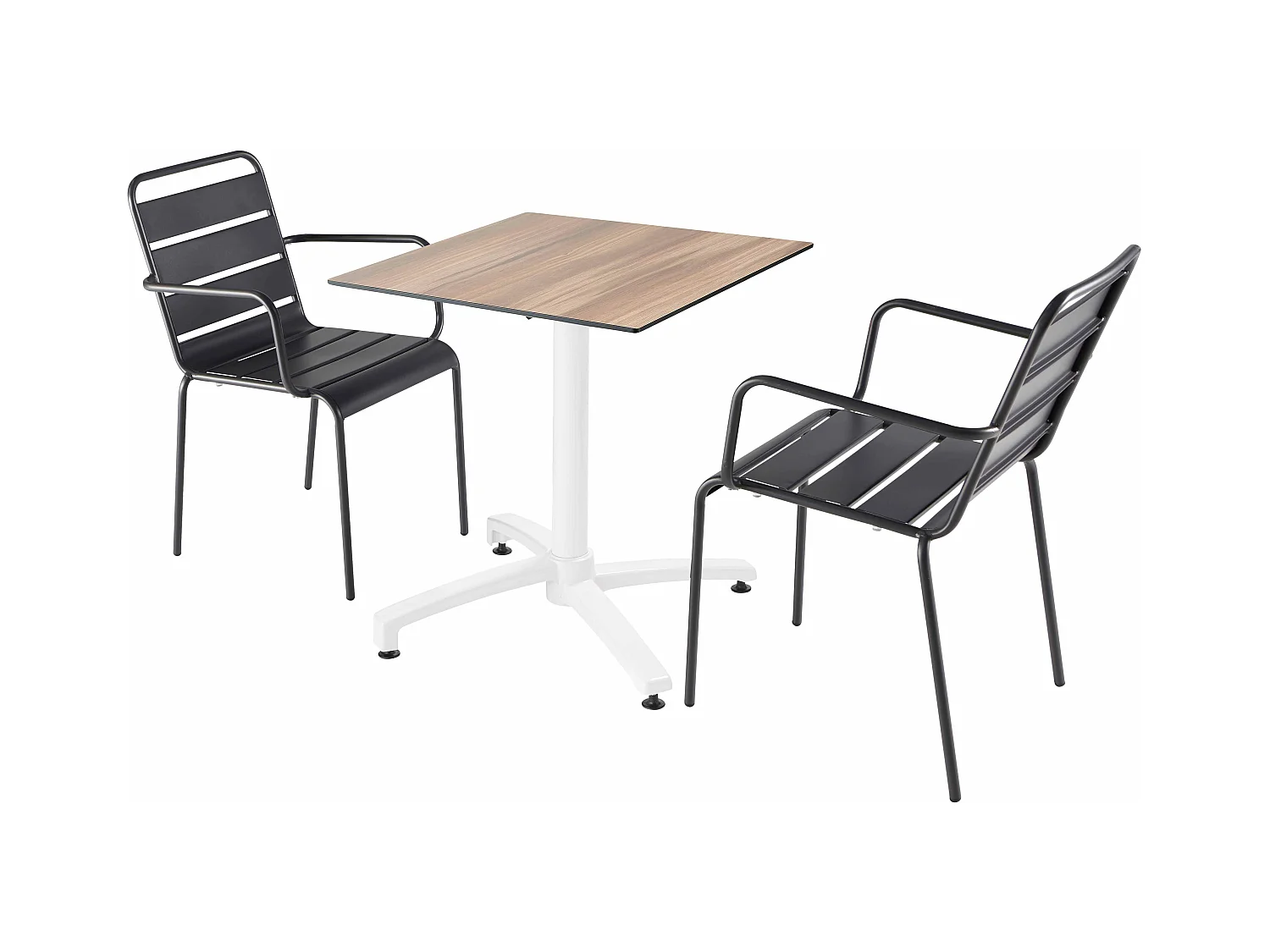 Ensemble table terrasse stratifié chêne foncé et 2 fauteuils gris