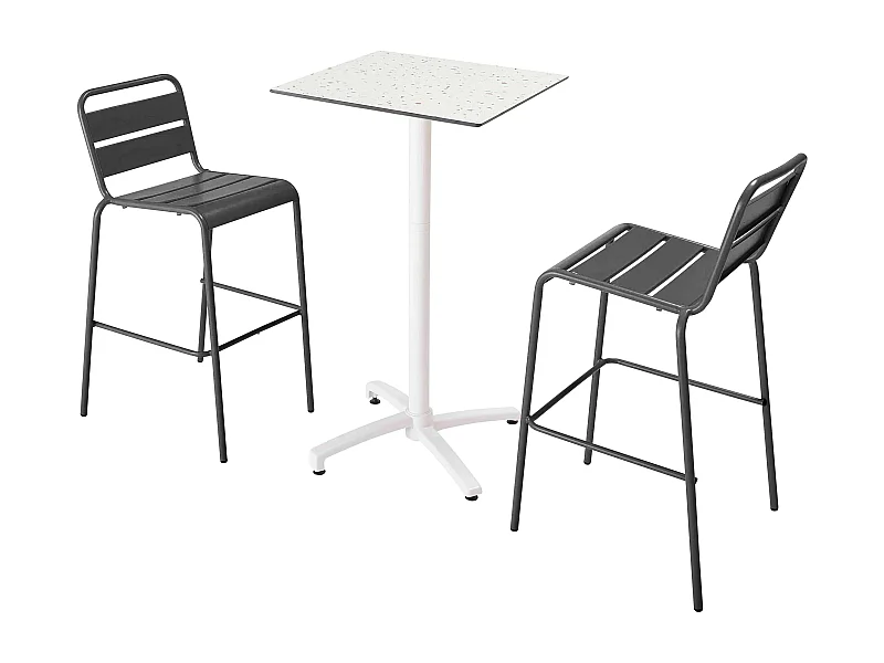 Ensemble table haute stratifié terrazzo et 2 chaises gris