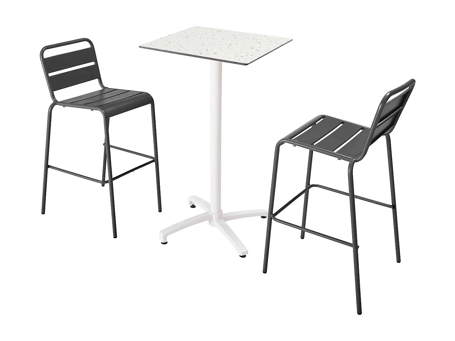 Ensemble table haute stratifié terrazzo et 2 chaises gris