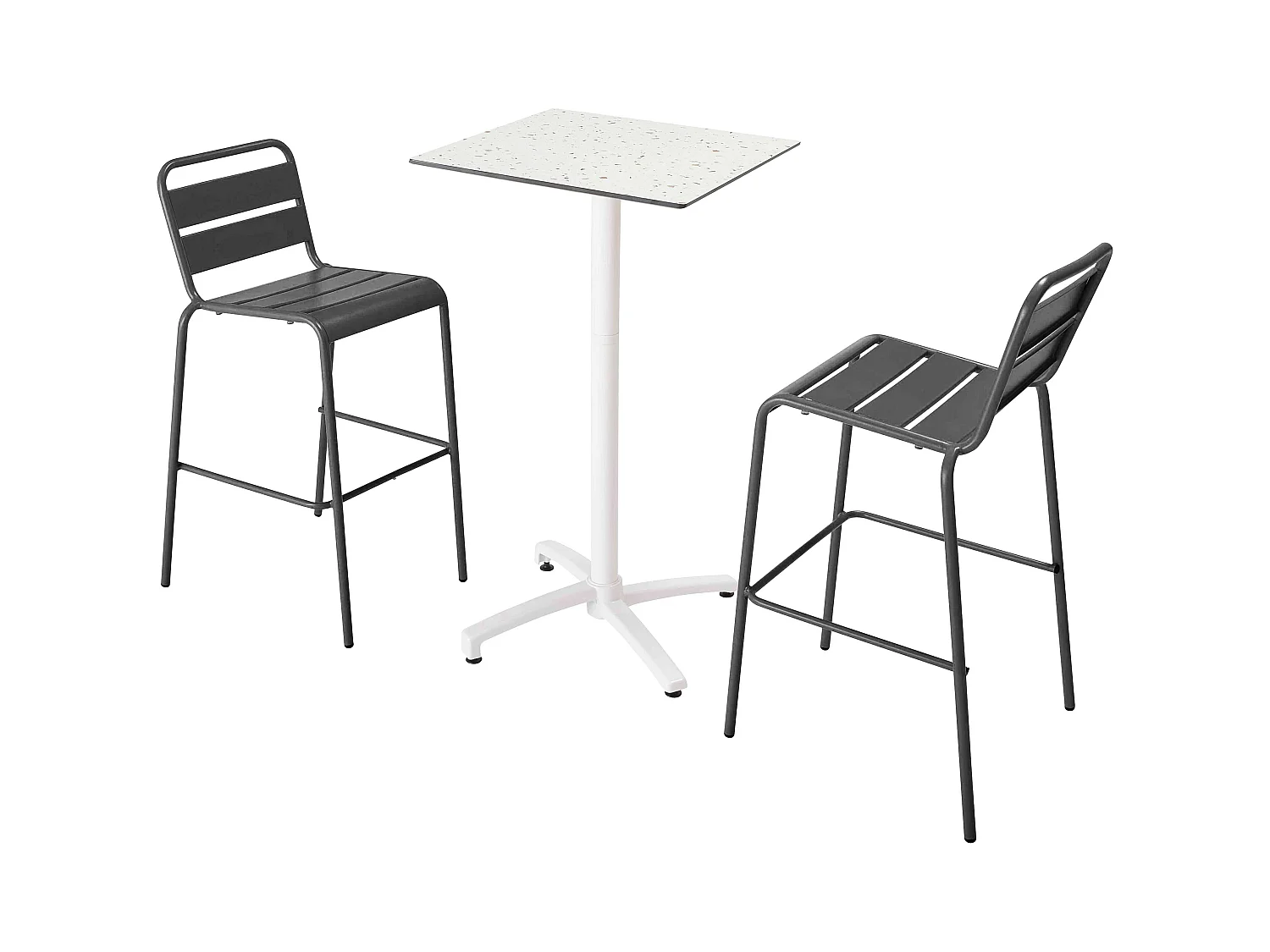 Ensemble table haute stratifié terrazzo et 2 chaises gris