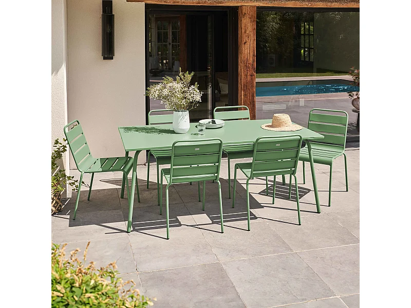 Ensemble table de jardin et 6 chaises en métal vert cactus  - Palavas