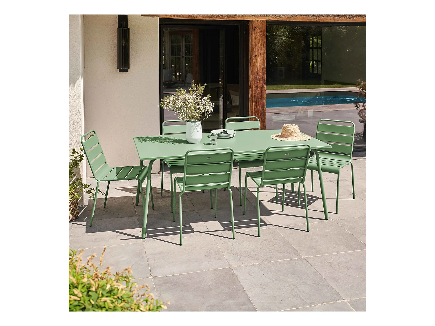 Ensemble table de jardin et 6 chaises en métal vert cactus  - Palavas