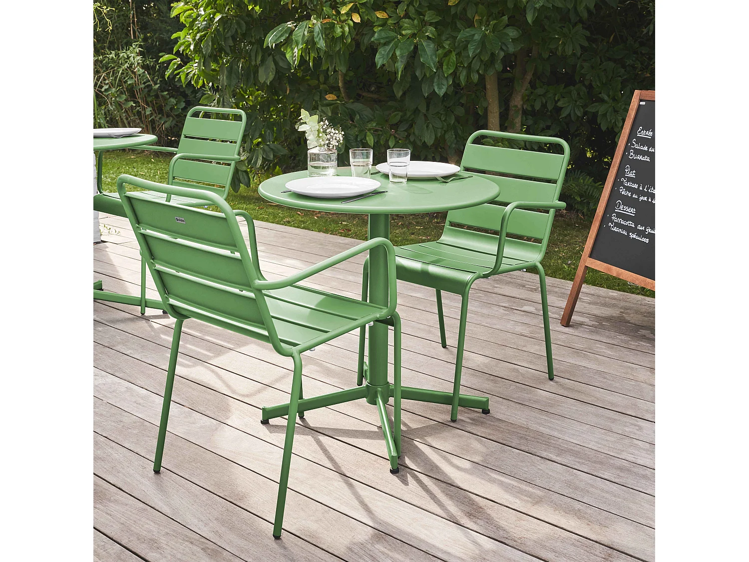 Ensemble table de jardin et 2 fauteuils métal vert cactus - Palavas
