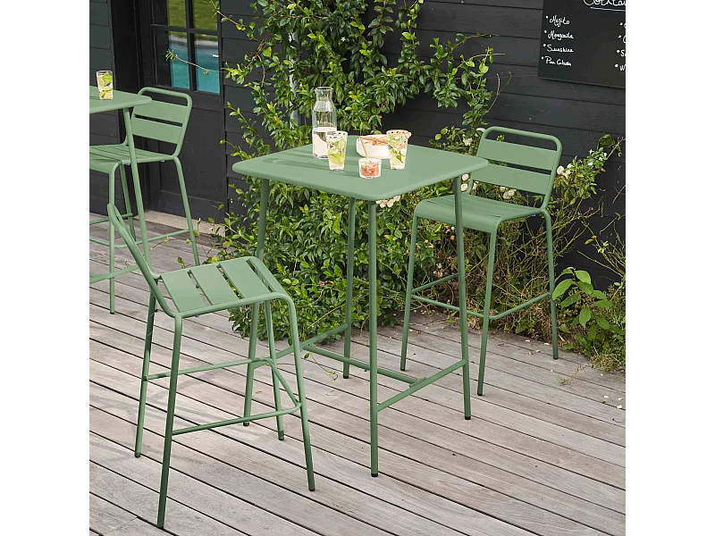 Set bartafel en 2 hoge stoelen van groen cactusmetaal