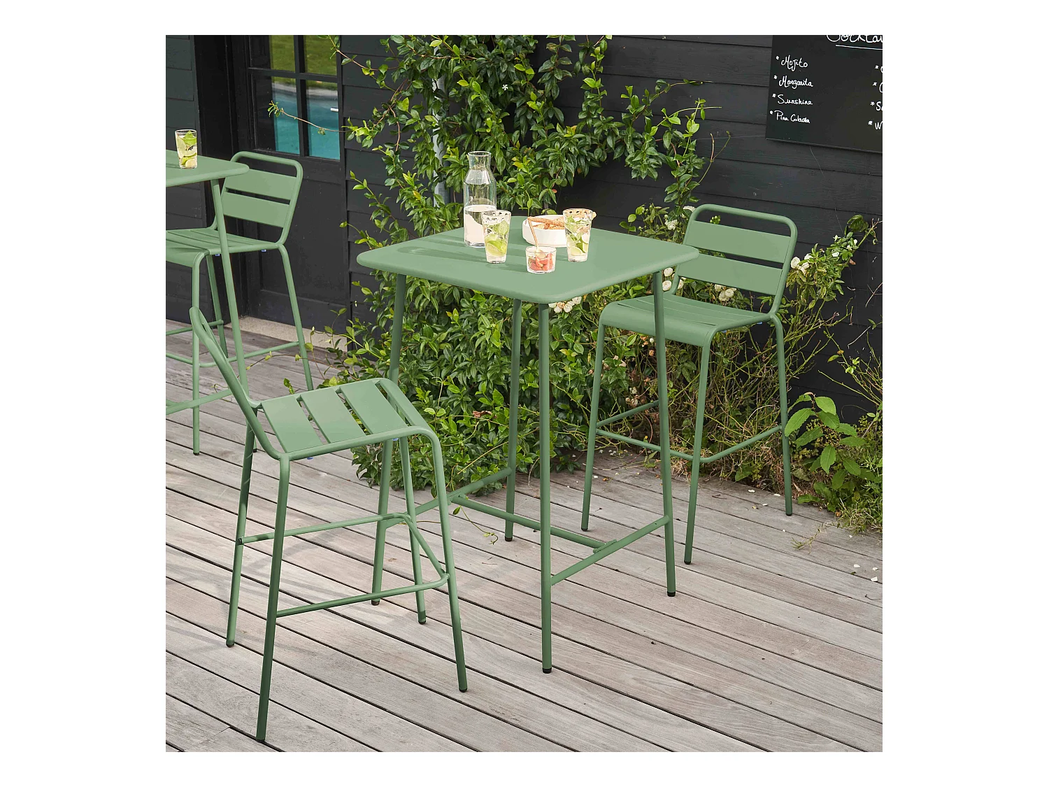 Ensemble table de bar et 2 chaises hautes en métal vert cactus - Palavas