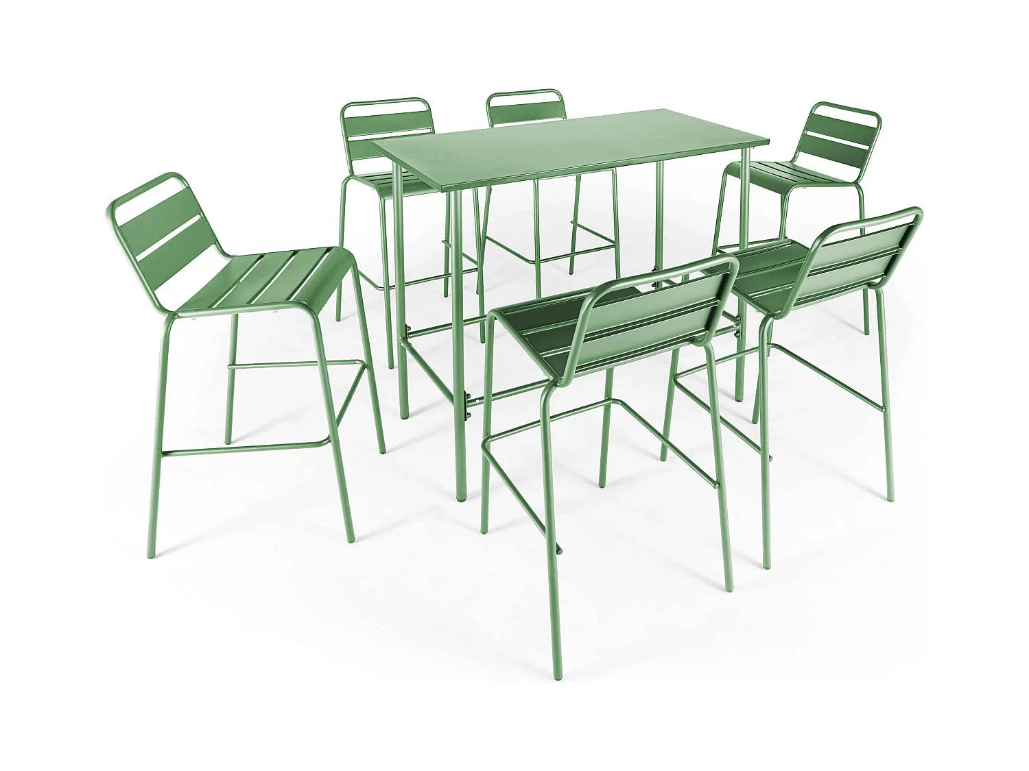 Ensemble table haute de jardin et 6 chaises en métal vert cactus - Palavas