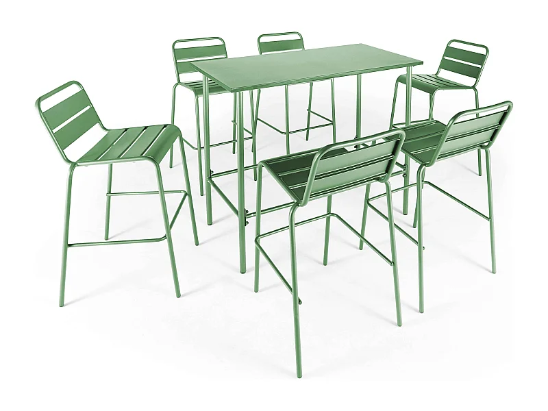 Set hoge tuin tafel en 6 stoelen in cactusgroen metaal