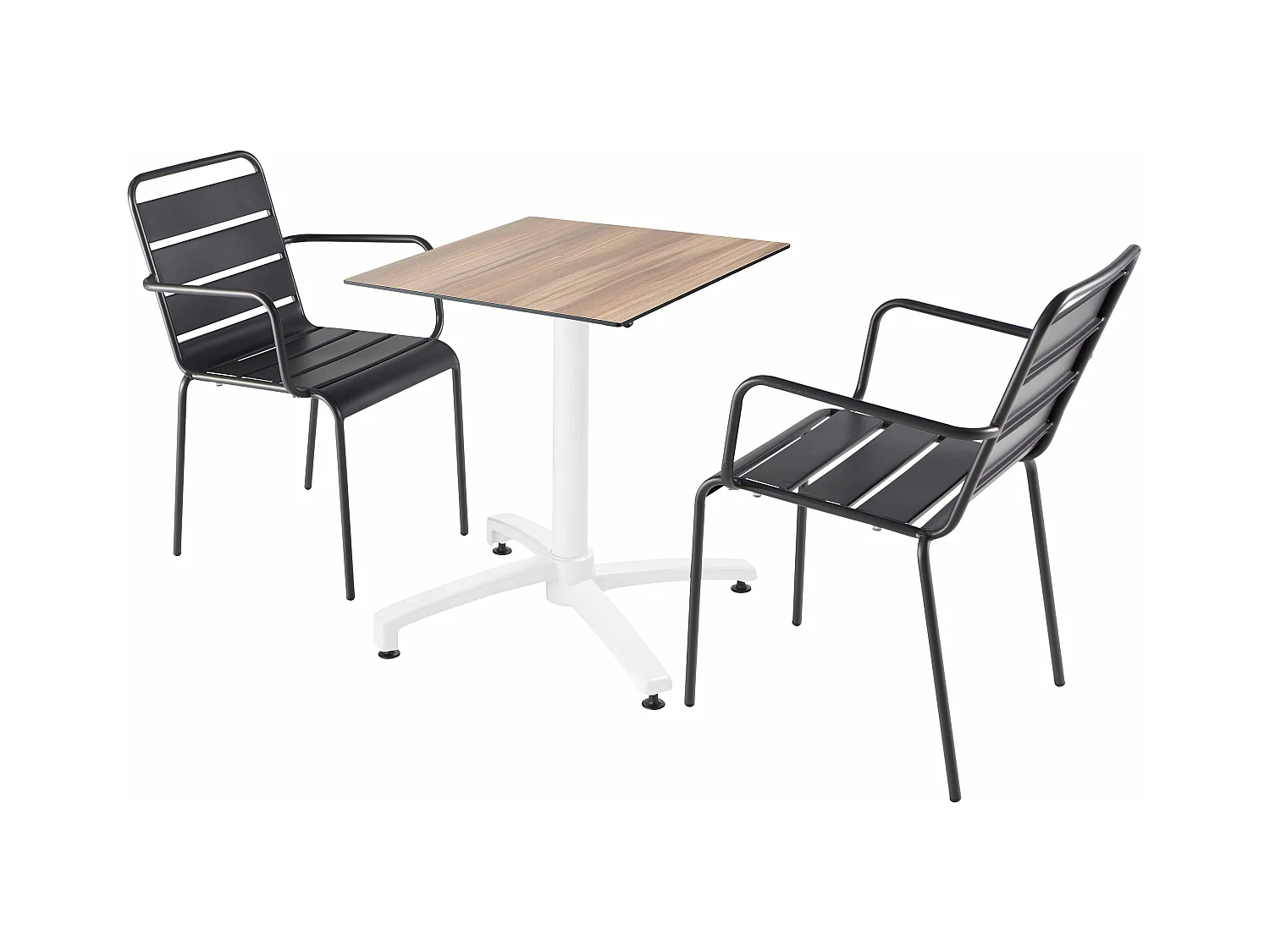 Ensemble table de terrasse stratifié chêne foncé et 2 fauteuils gris