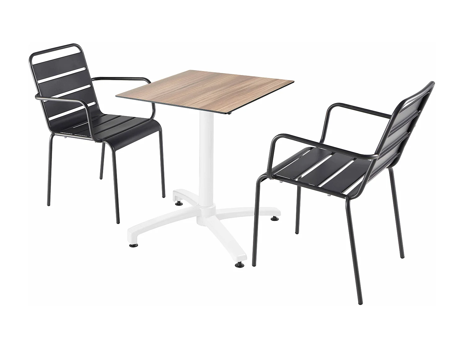 Set van een donker eiken gelamineerde tuintafel en 2 grijze fauteuils