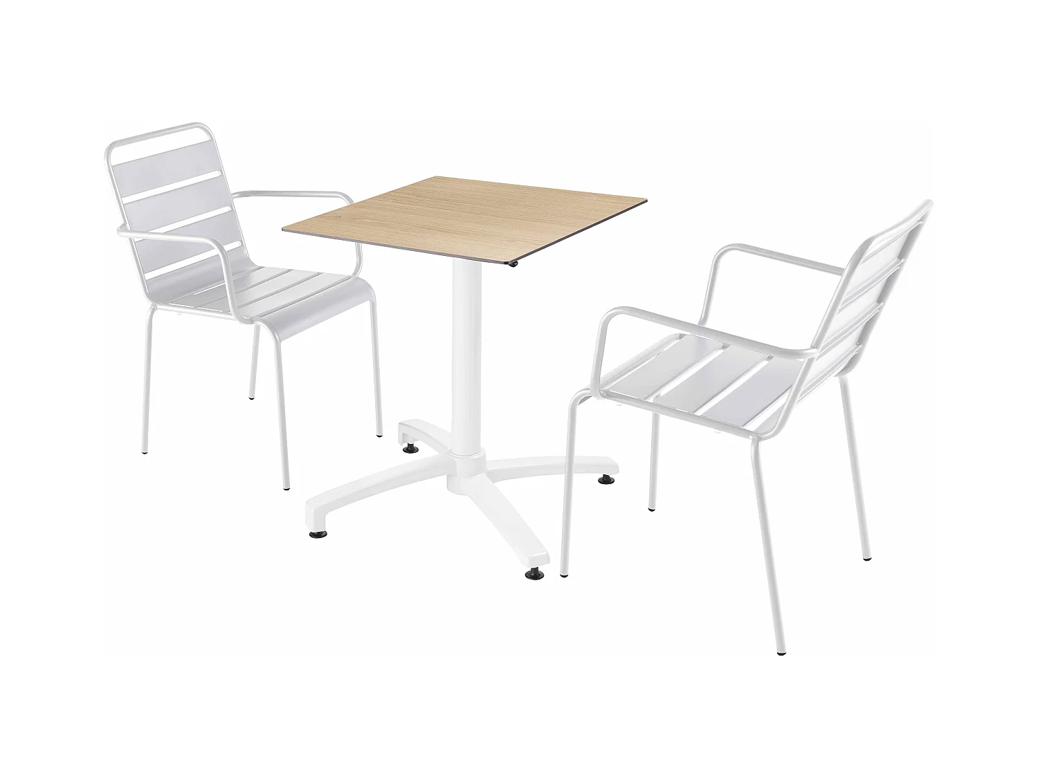 Ensemble table de terrasse stratifié chêne et 2 fauteuils blanc