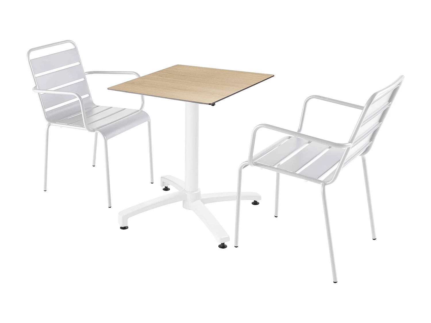 Set tuintafel met eikenhouten laminaat en 2 witte fauteuils