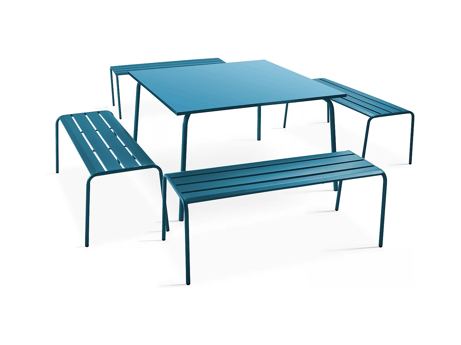 Ensemble table de jardin carrée et 4 bancs en métal bleu pacific - Palavas