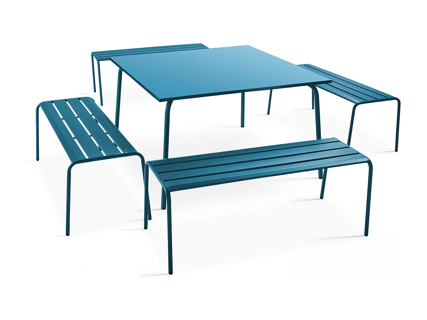 Ensemble table de jardin carrée et 4 bancs en métal bleu pacific - Palavas