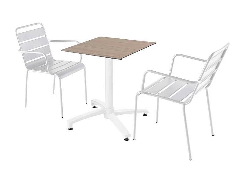 Set tuintafel met licht eikenhouten laminaat en 2 witte fauteuils