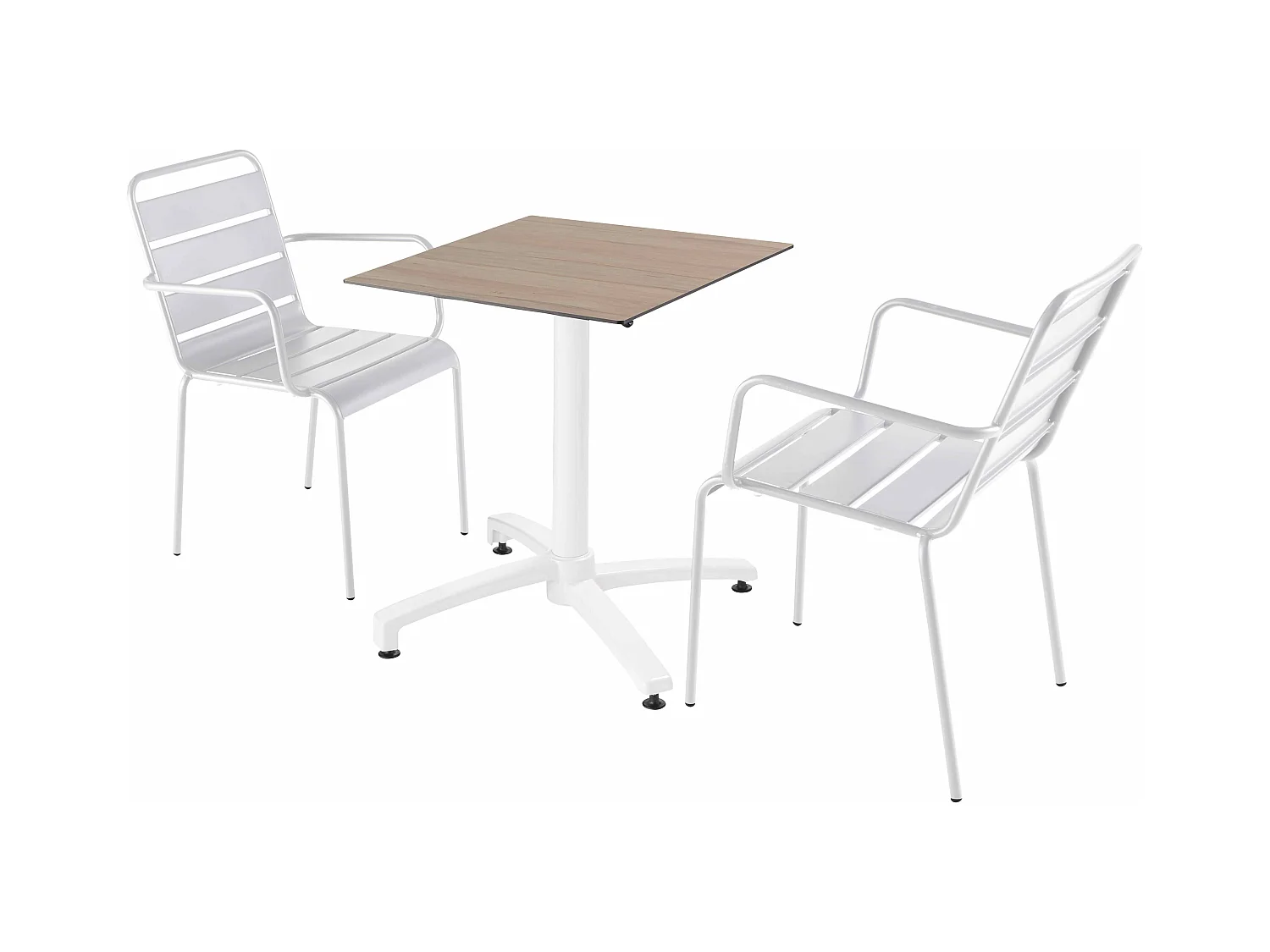 Ensemble table de terrasse stratifié chêne clair et 2 fauteuils blanc