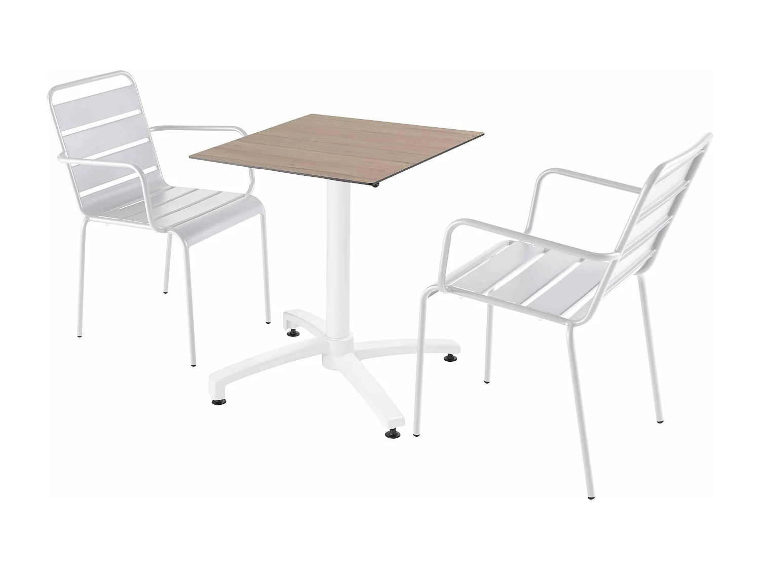 Set tuintafel met licht eikenhouten laminaat en 2 witte fauteuils