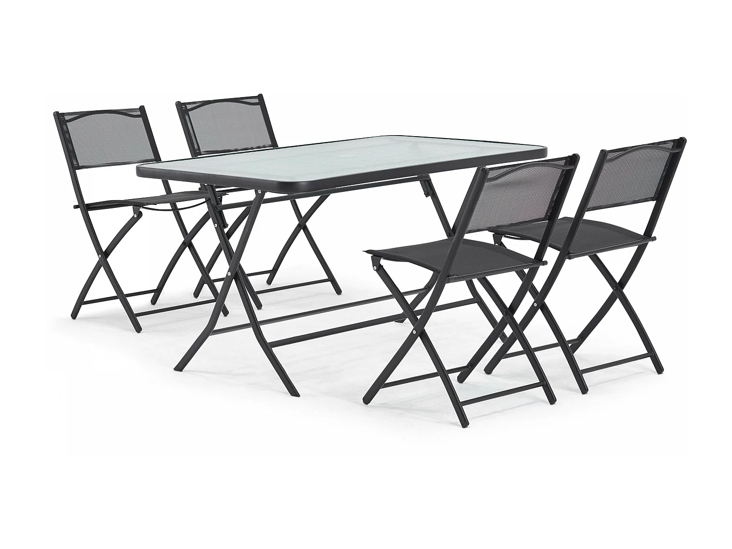 Tuintafel en 4 inklapbare stoelen van staal en zwart glas