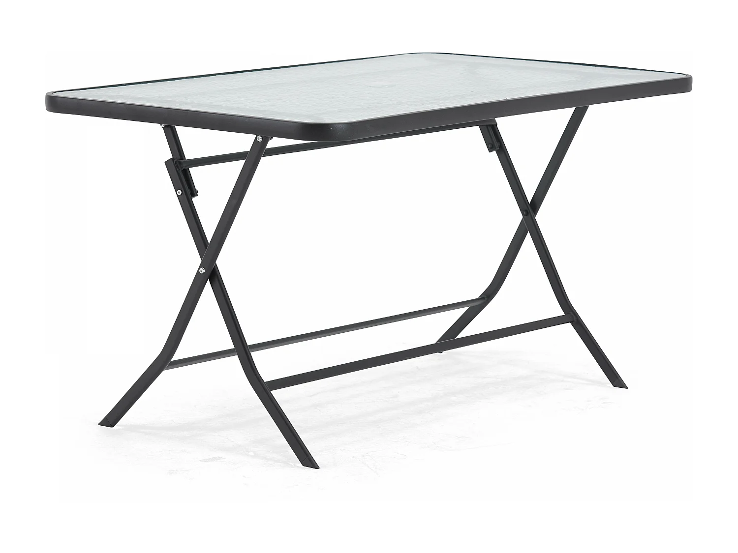 Tuintafel en 4 inklapbare stoelen van staal en zwart glas