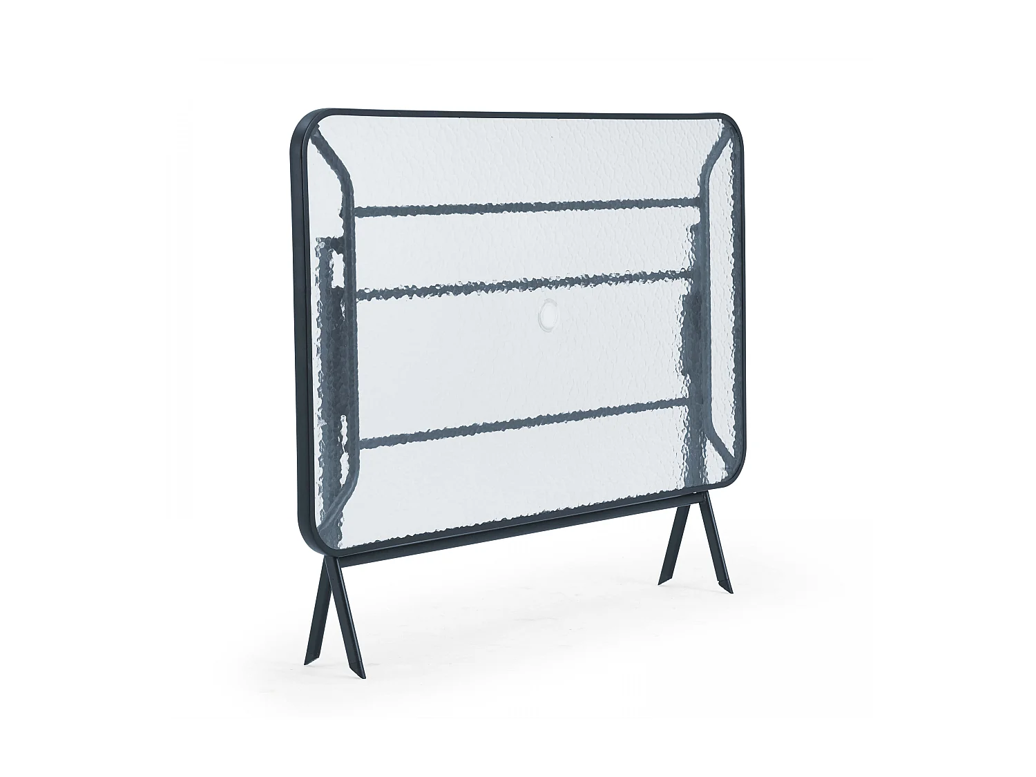 Tuintafel en 4 inklapbare stoelen van staal en zwart glas