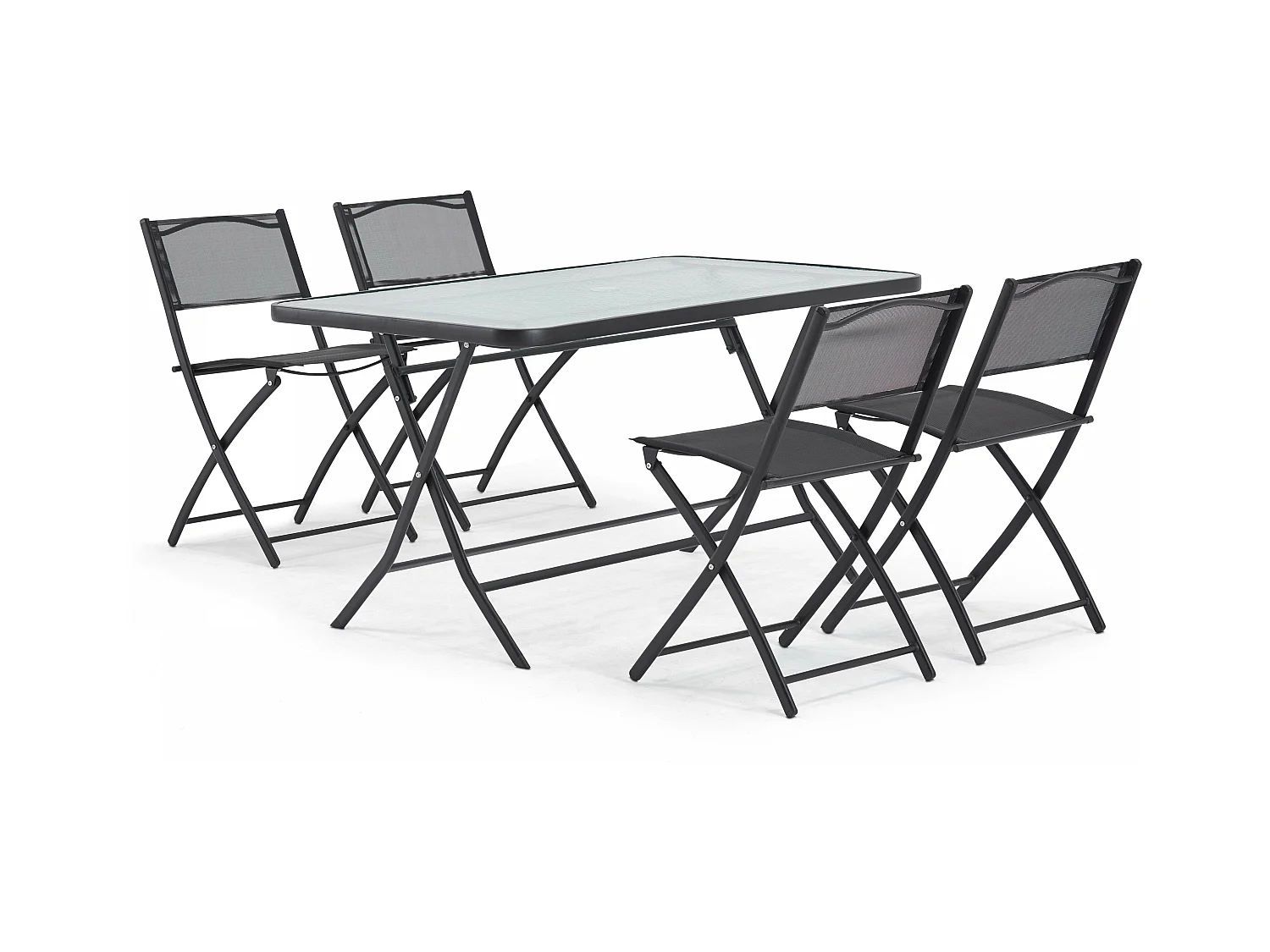 Table de jardin et 4 chaises pliantes en acier et verre noir