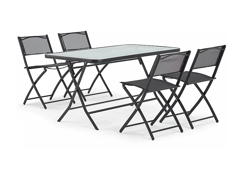 Table de jardin et 4 chaises pliantes en acier et verre noir