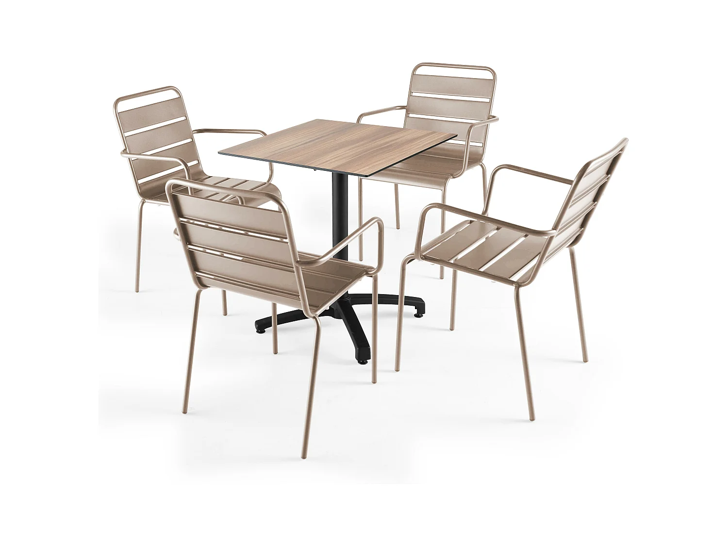 Ensemble table de terrasse stratifié chene foncé et 4 fauteuils taupe