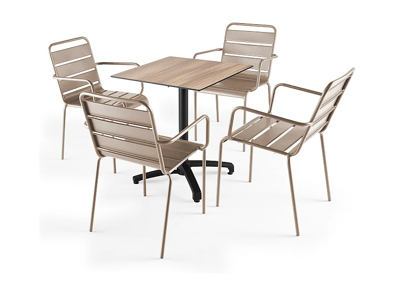 Een donker gebeitst eikenhouten tuintafel en 4 taupekleurige stoelen