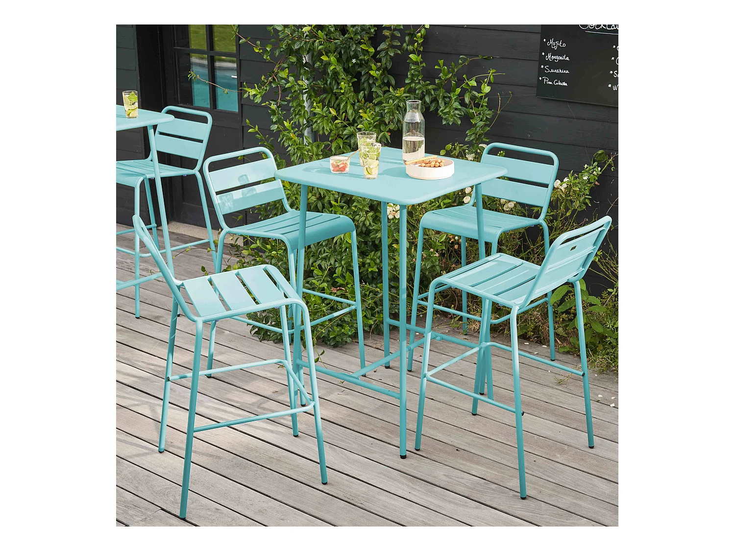 Ensemble table de bar et 4 chaises hautes en métal turquoise - Palavas