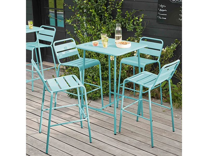 Ensemble table de bar et 4 chaises hautes en métal turquoise - Palavas