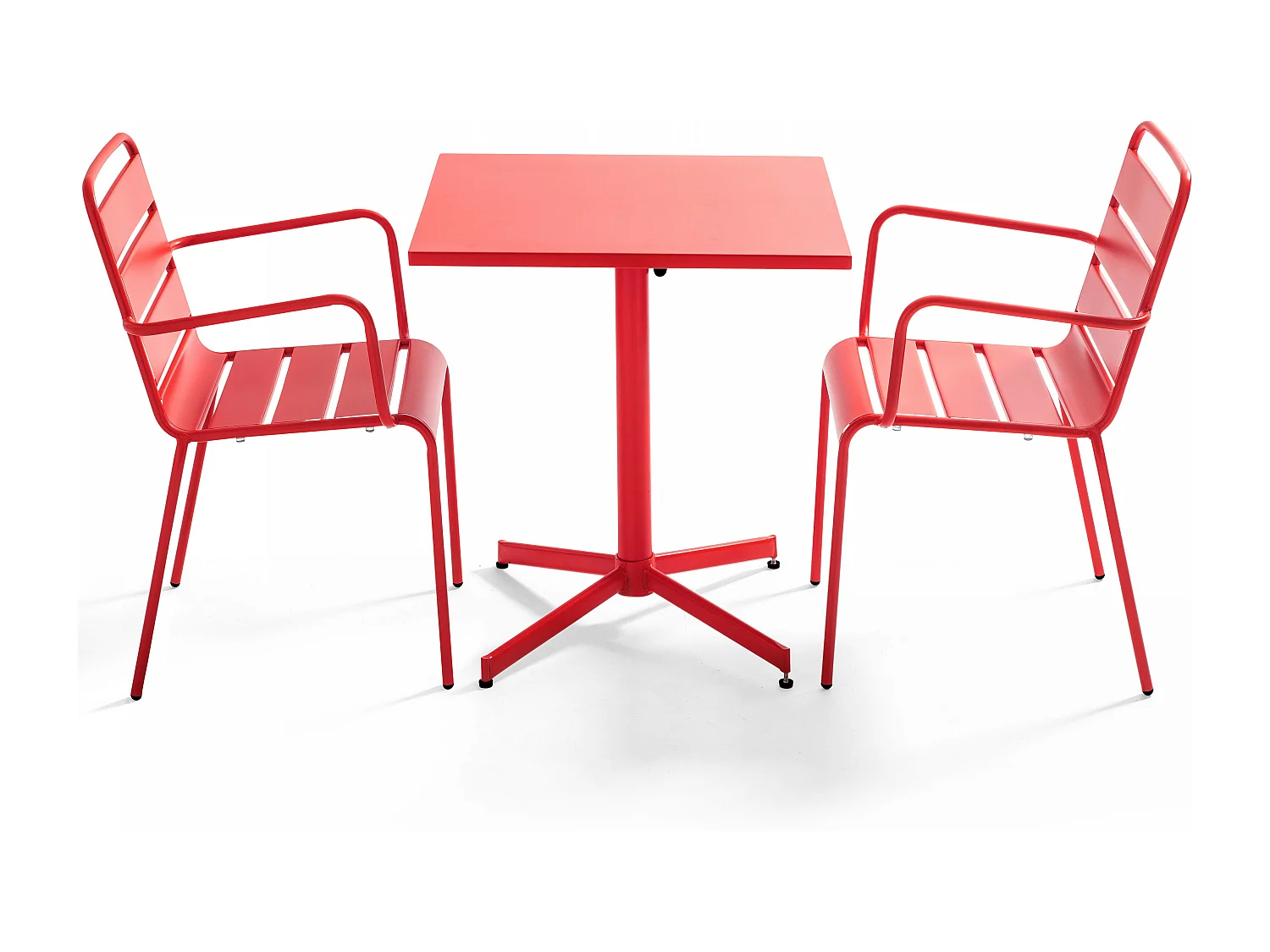 Conjunto mesa de jardín cuadrada y 2 sillas de metal rojo