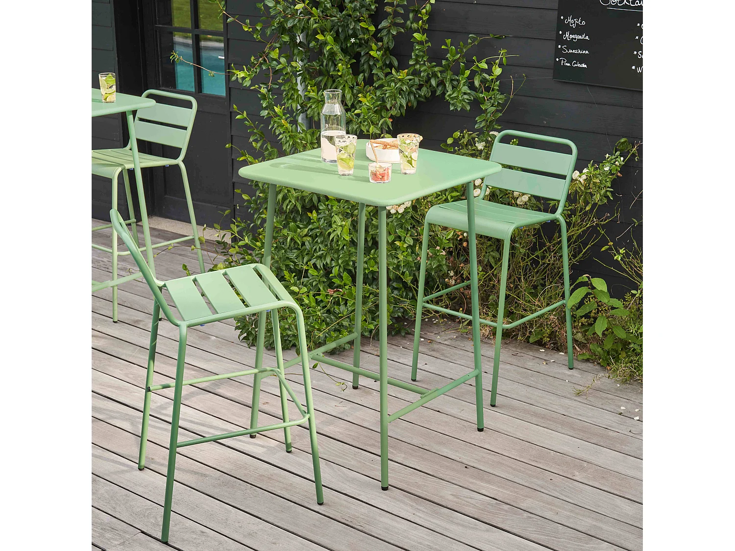 Ensemble table de bar et 2 chaises hautes en métal vert sauge - Palavas