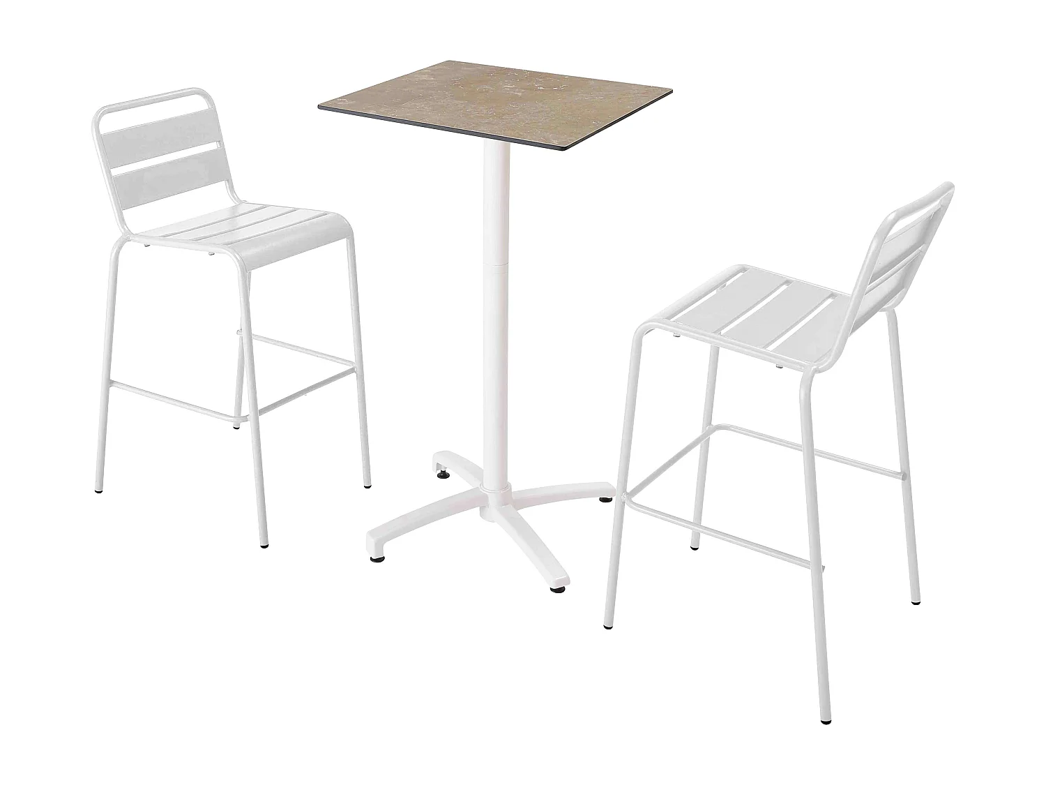 Ensemble table haute stratifié marbre beige et 2 chaises hautes blanc