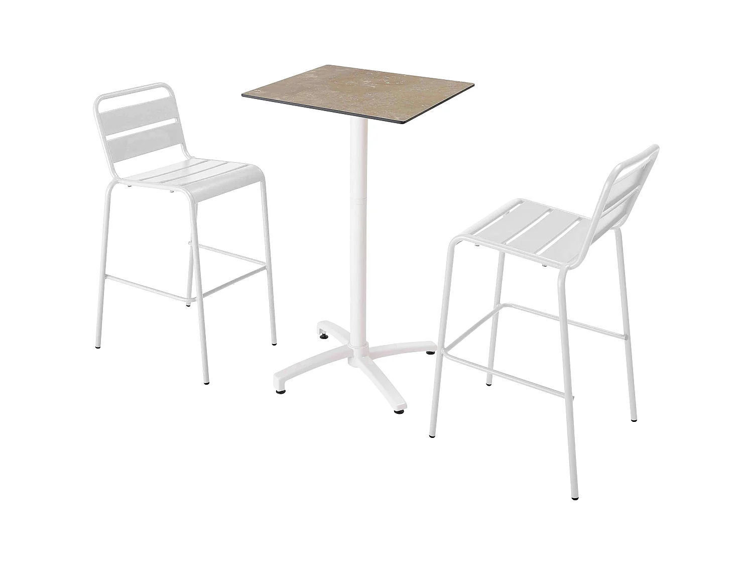 Ensemble table haute stratifié marbre beige et 2 chaises hautes blanc