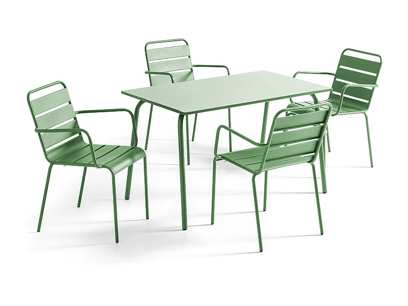 Ensemble table de jardin et 4 fauteuils en métal vert cactus - Palavas