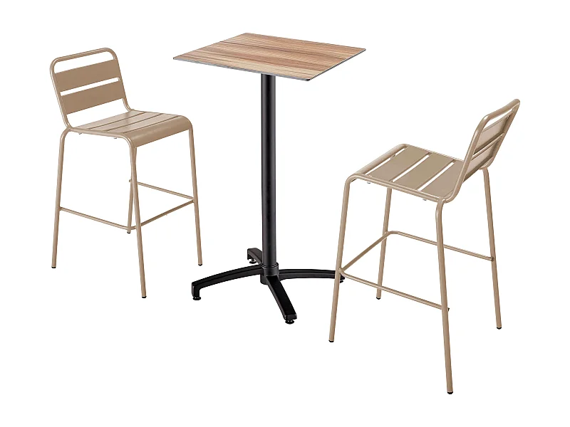 Ensemble table haute stratifié chêne foncé et 2 chaises hautes taupe