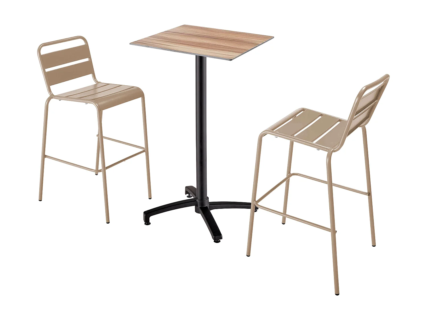 Ensemble table haute stratifié chêne foncé et 2 chaises hautes taupe
