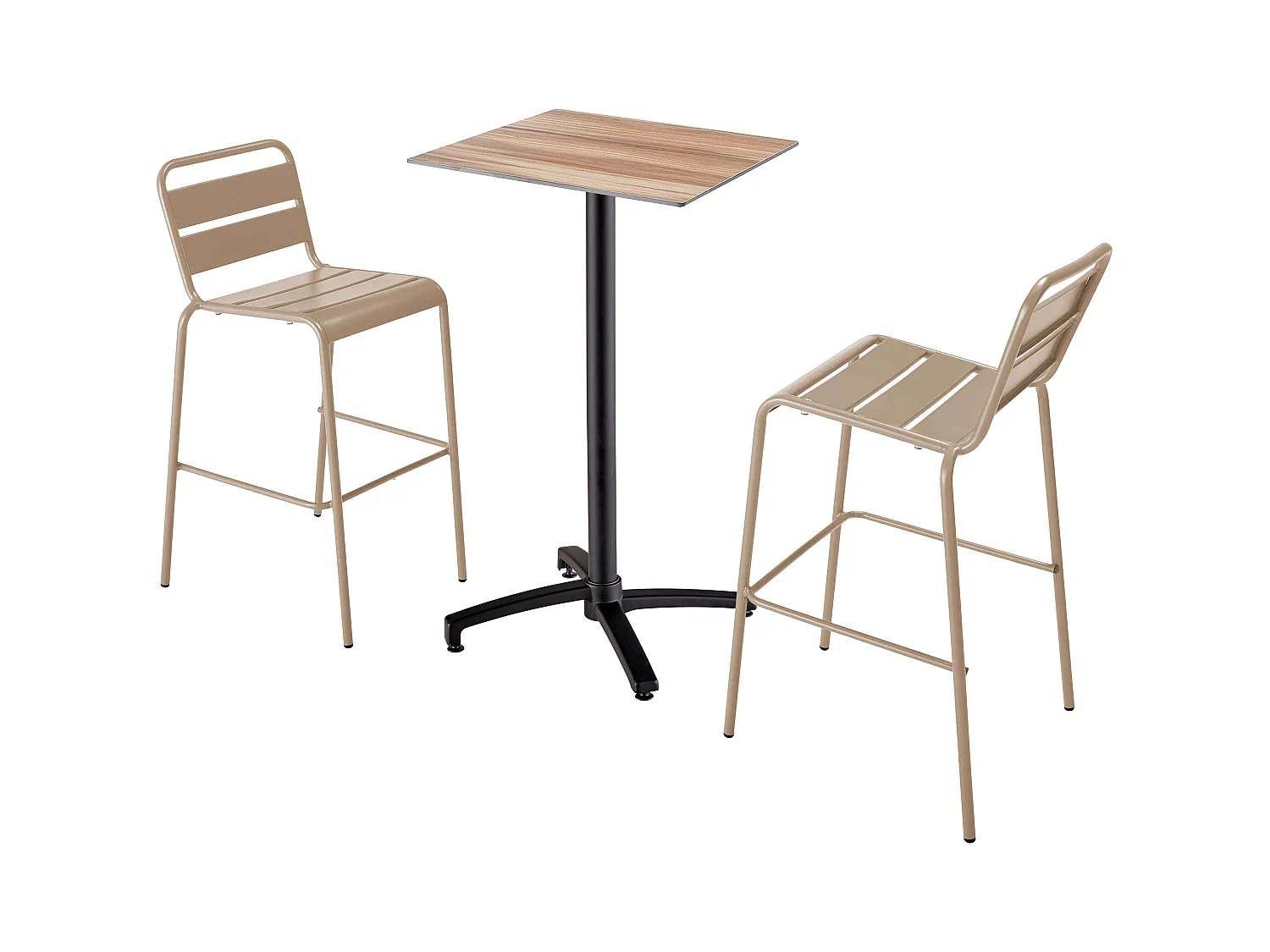 Ensemble table haute stratifié chêne foncé et 2 chaises hautes taupe