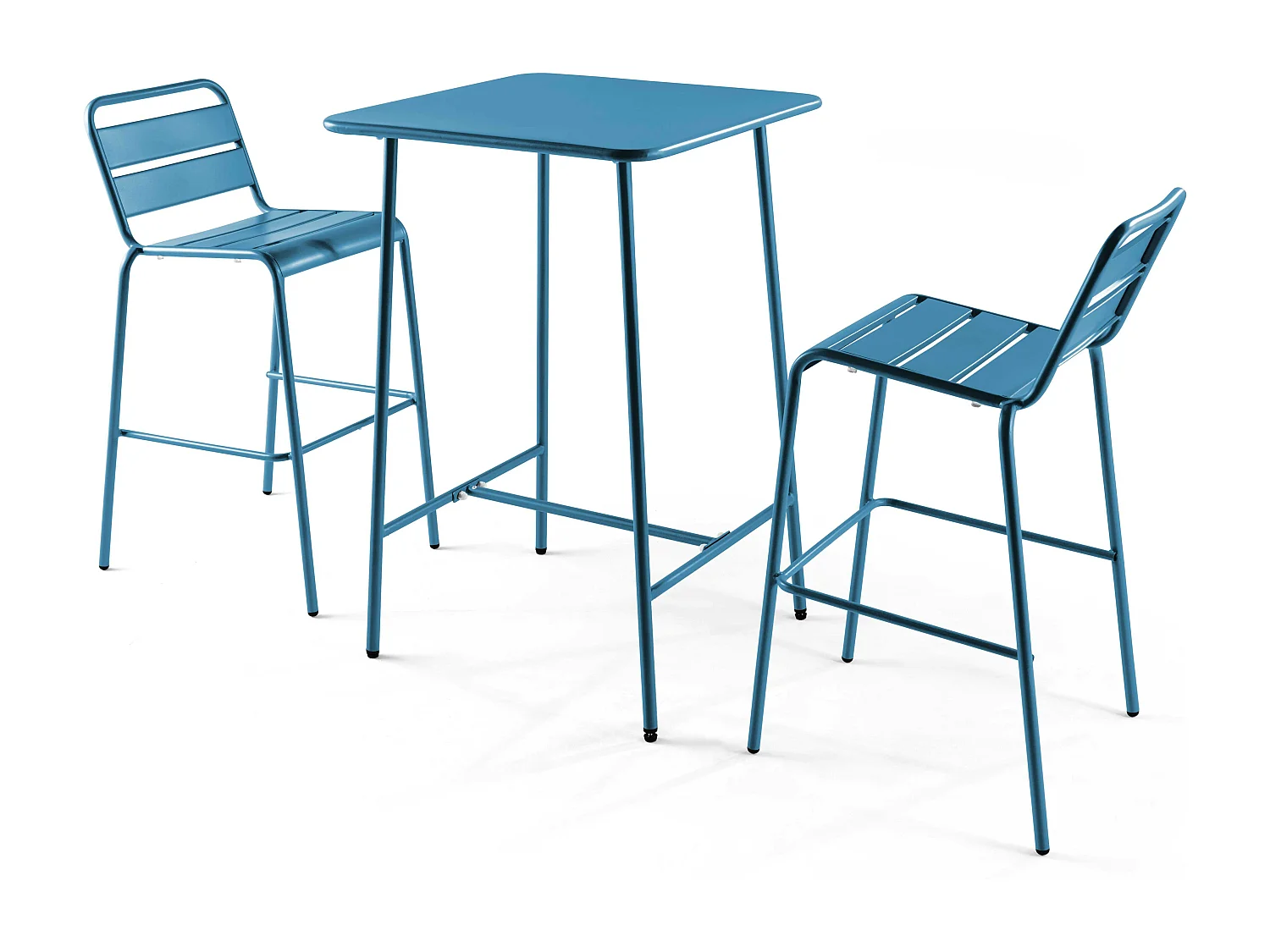 Ensemble table de bar et 2 chaises hautes en métal bleu pacific - Palavas