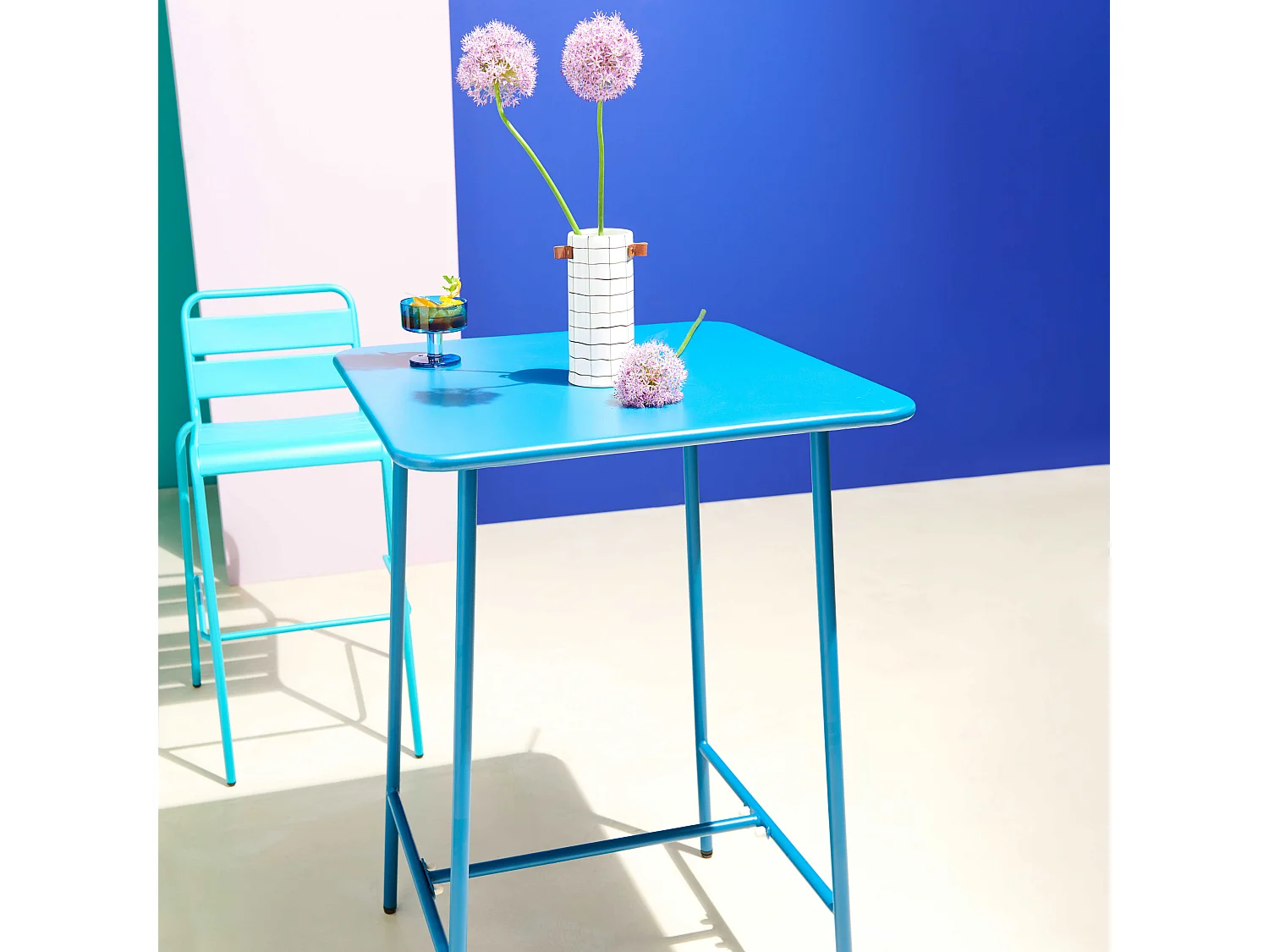 Ensemble table de bar et 2 chaises hautes en métal bleu pacific - Palavas