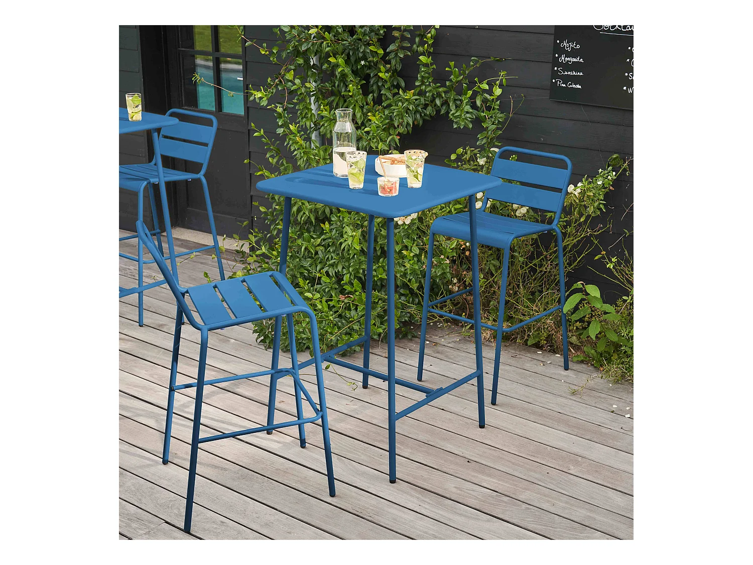 Ensemble table de bar et 2 chaises hautes en métal bleu pacific - Palavas