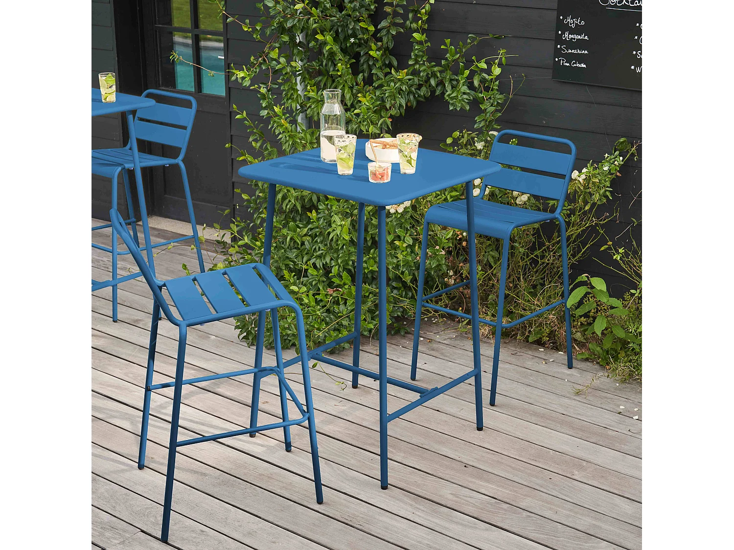 Ensemble table de bar et 2 chaises hautes en métal bleu pacific - Palavas