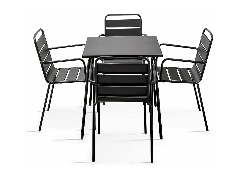 Ensemble table de jardin carrée et 4 fauteuils acier gris - Palavas