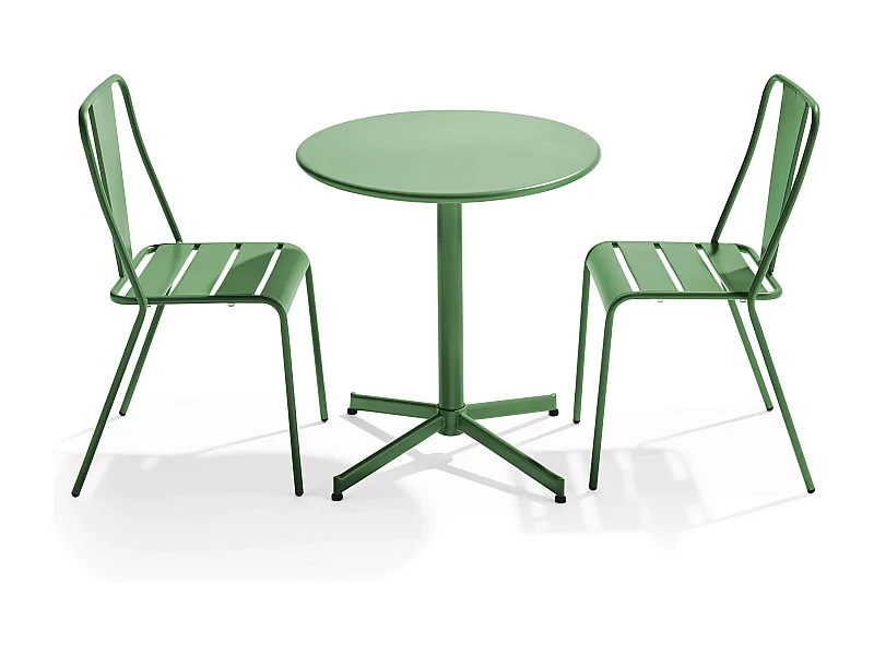 Ensemble table ronde et 2 chaises de jardin en métal vert cactus - Palavas