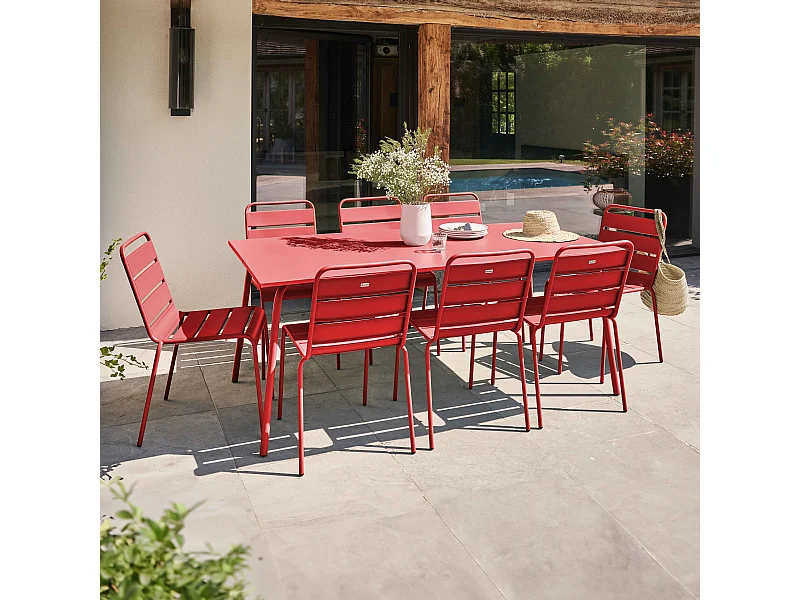Ensemble table de jardin et 8 chaises en métal rouge - Palavas