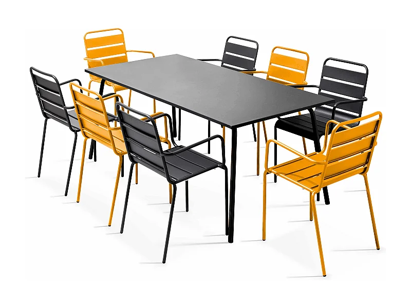 Ensemble table de jardin et 8 fauteuils en métal jaune et gris - Palavas